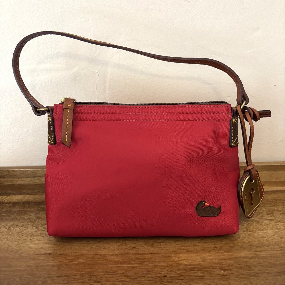 Dooney & Bourke Red Nylon Brown Leather Pouchette Mini Bag - Picture 1 of 12